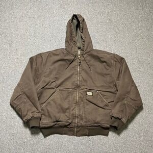 Big Smith Hooded Work Jacket Size Large Brown Canvas Fleece Lined Bomber Coat